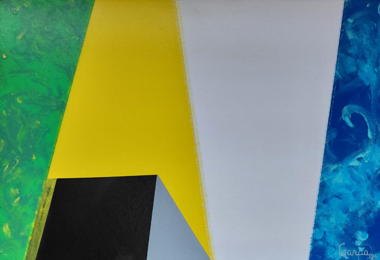 Paisaje: bloques de verde, amarillo, blanco y azul.